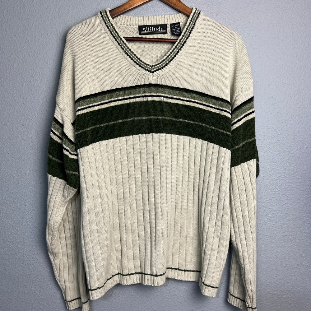 Vintage Altitude V-Neck Sweater Y2K Striped Knit Ribbed Casual Pullover‎ XL